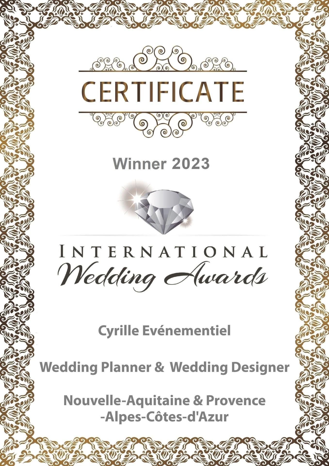 International wedding Awards Cyrille Evenementiel 2023